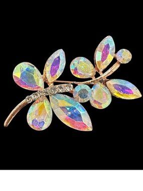 AB Rhinestone Brooch Rose Gold Tone Crystal Inlay Butterfly Dragonfly 2.5 Inch
